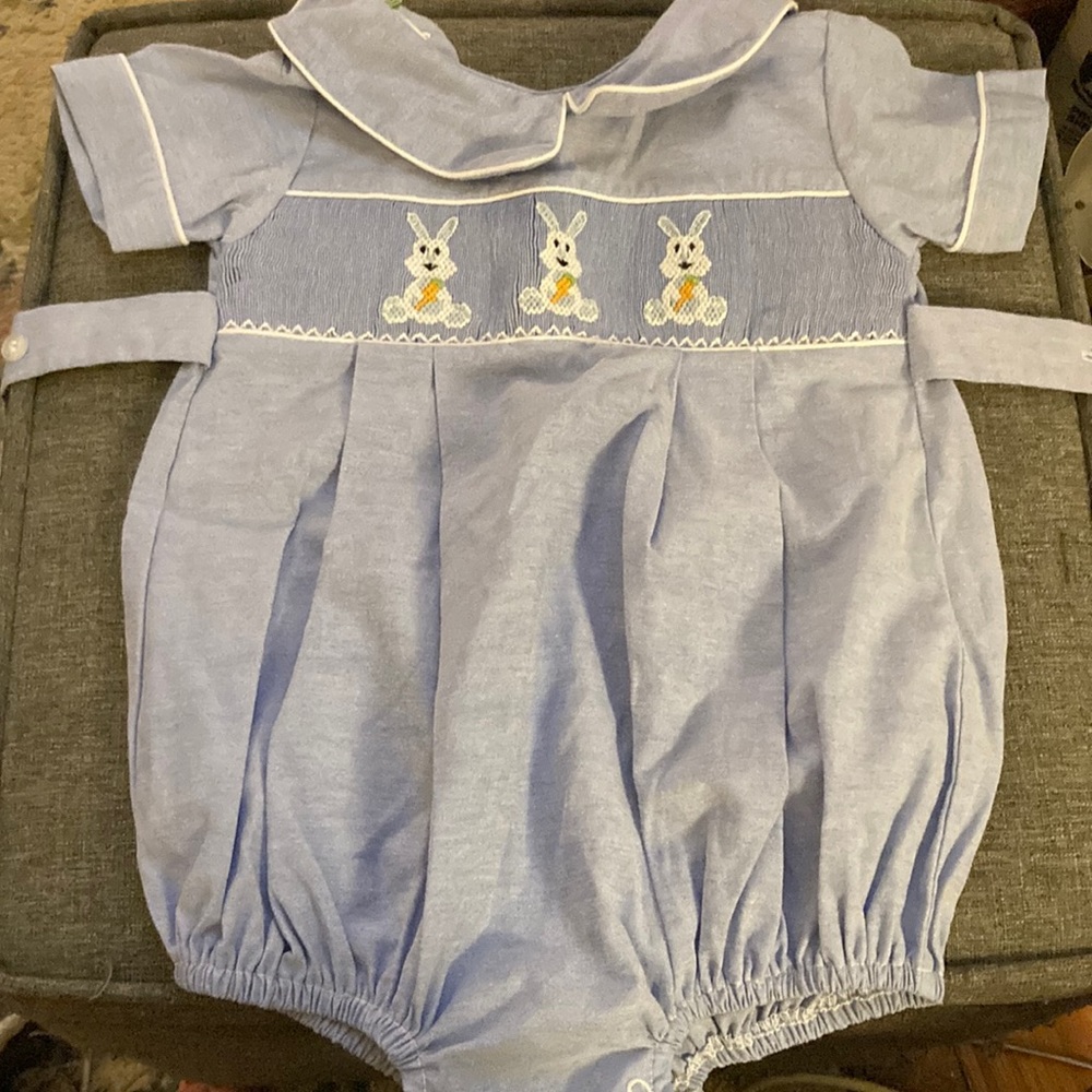 Classic whimsy Easter outfit with embroidered bunnies